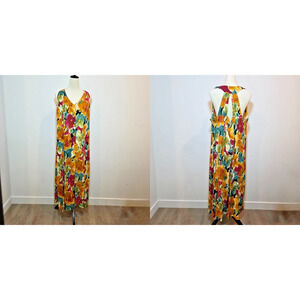 Vintage 1990s Joni Blair Maxi Dress Hawaiian Floral Button Front Size XL